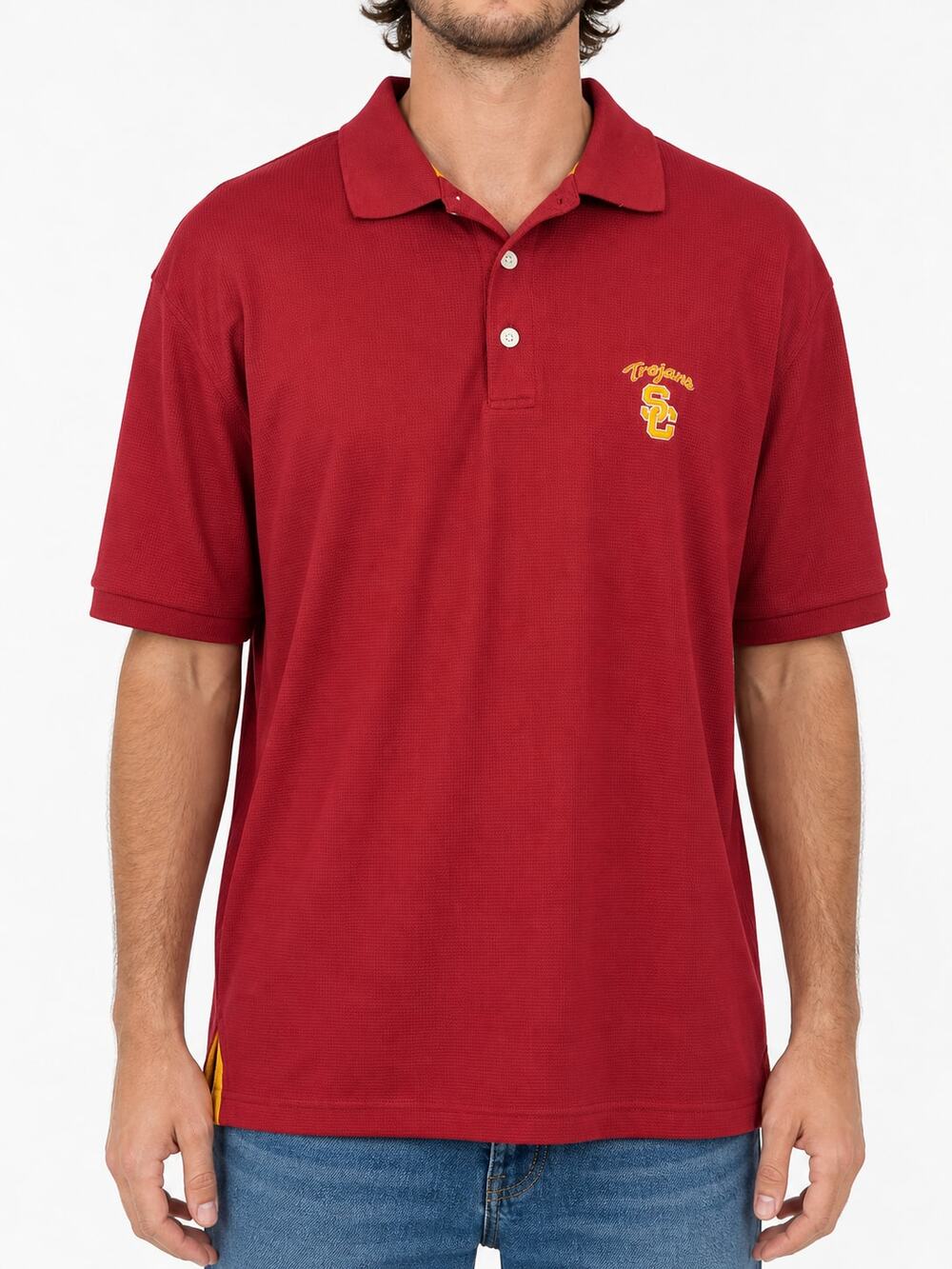 USC Team Trojan Athletics Official Cardinal Red Textured Polo Mens Large Gameday